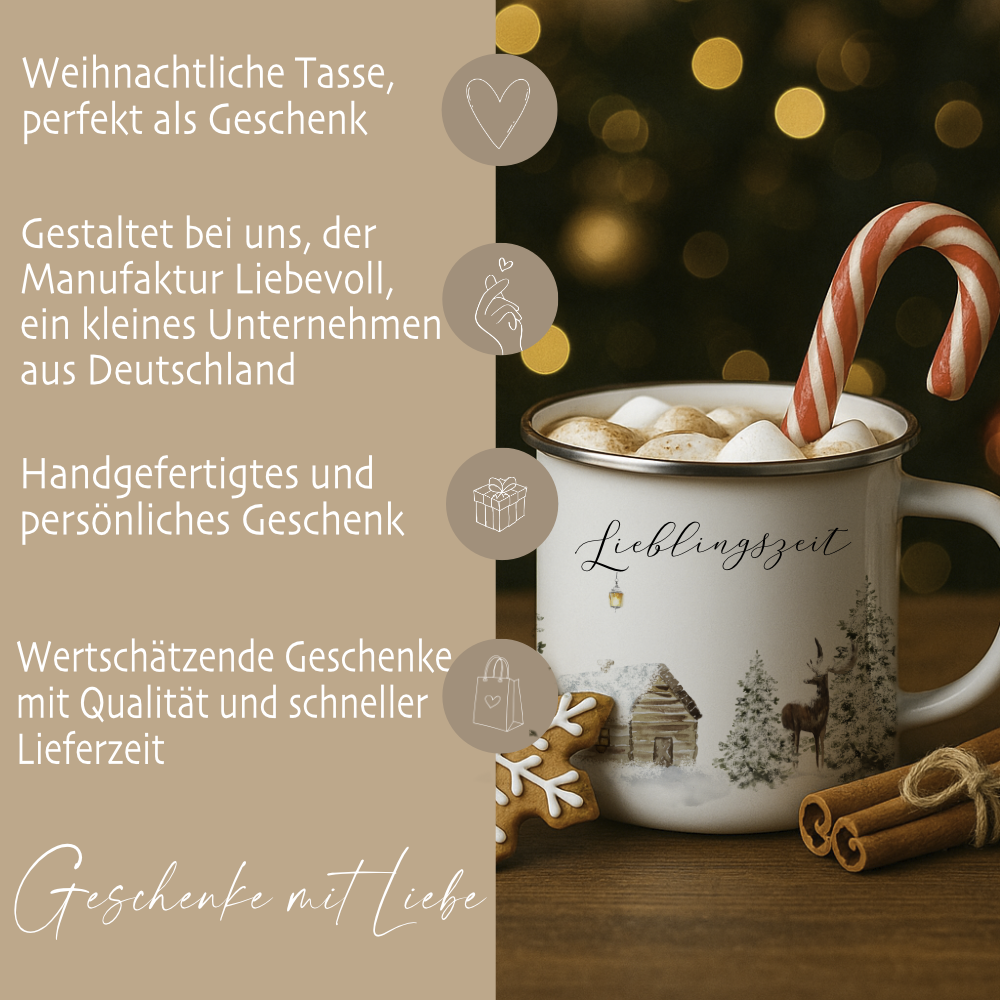 Emaille Tasse Lieblingszeit – Winter Becher mit Hirsch & Hütte – Geschenkidee Weihnachten & Advent