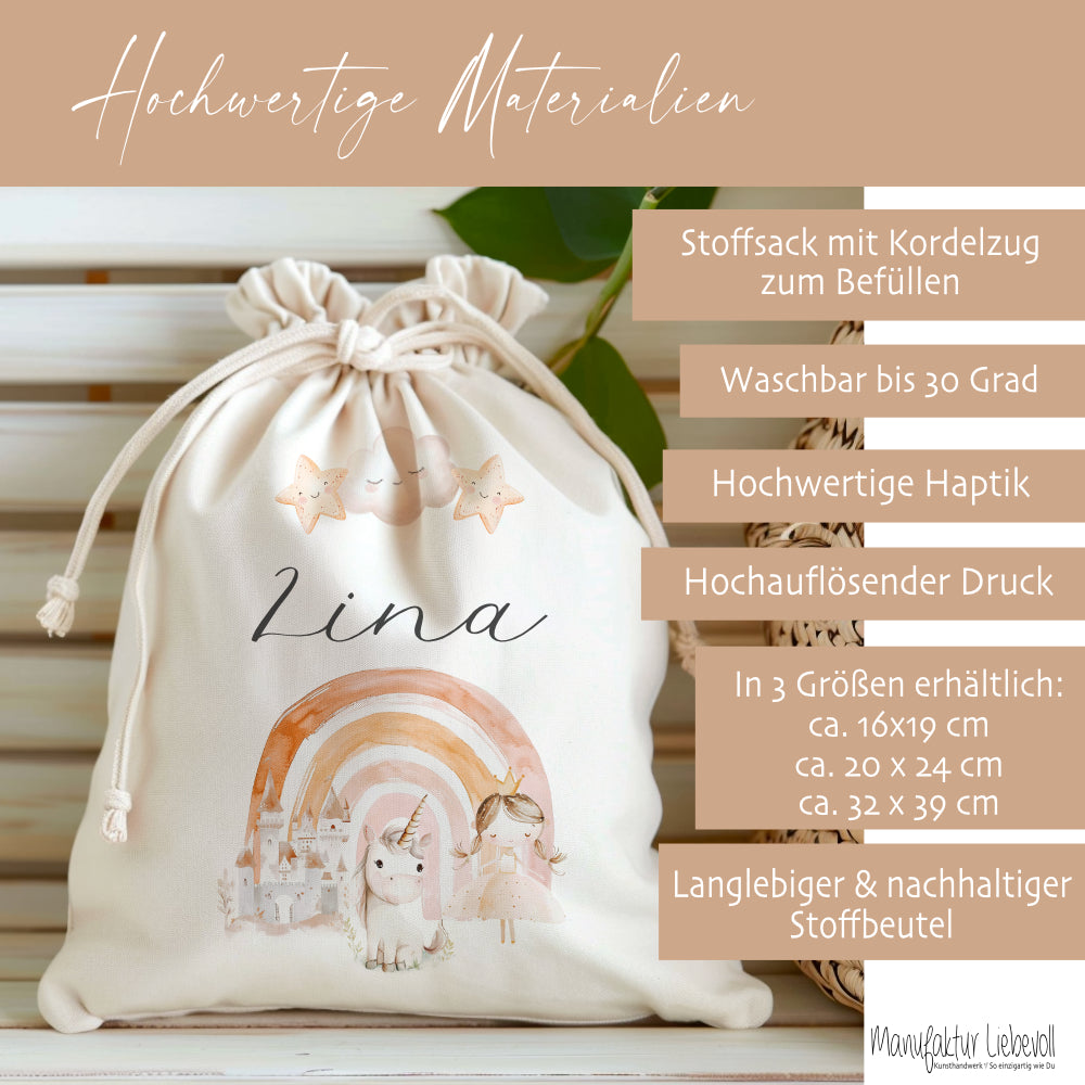 Personalisierter Zuziehbeutel für Kinder | Motive: Prinzessin, Einhorn, Märchen