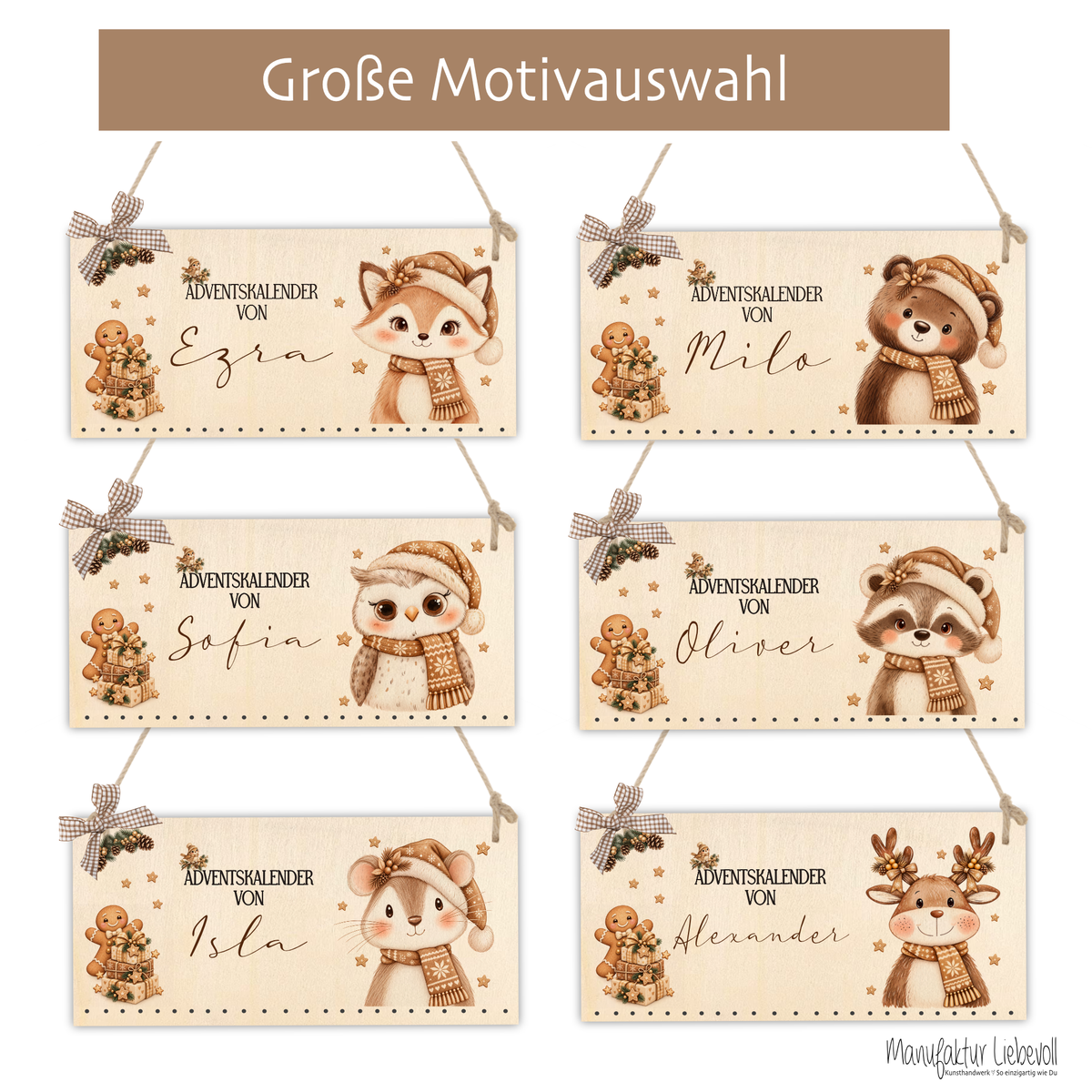 Personalisierter Adventskalender aus Holz mit Namen – 6 Tiermotive