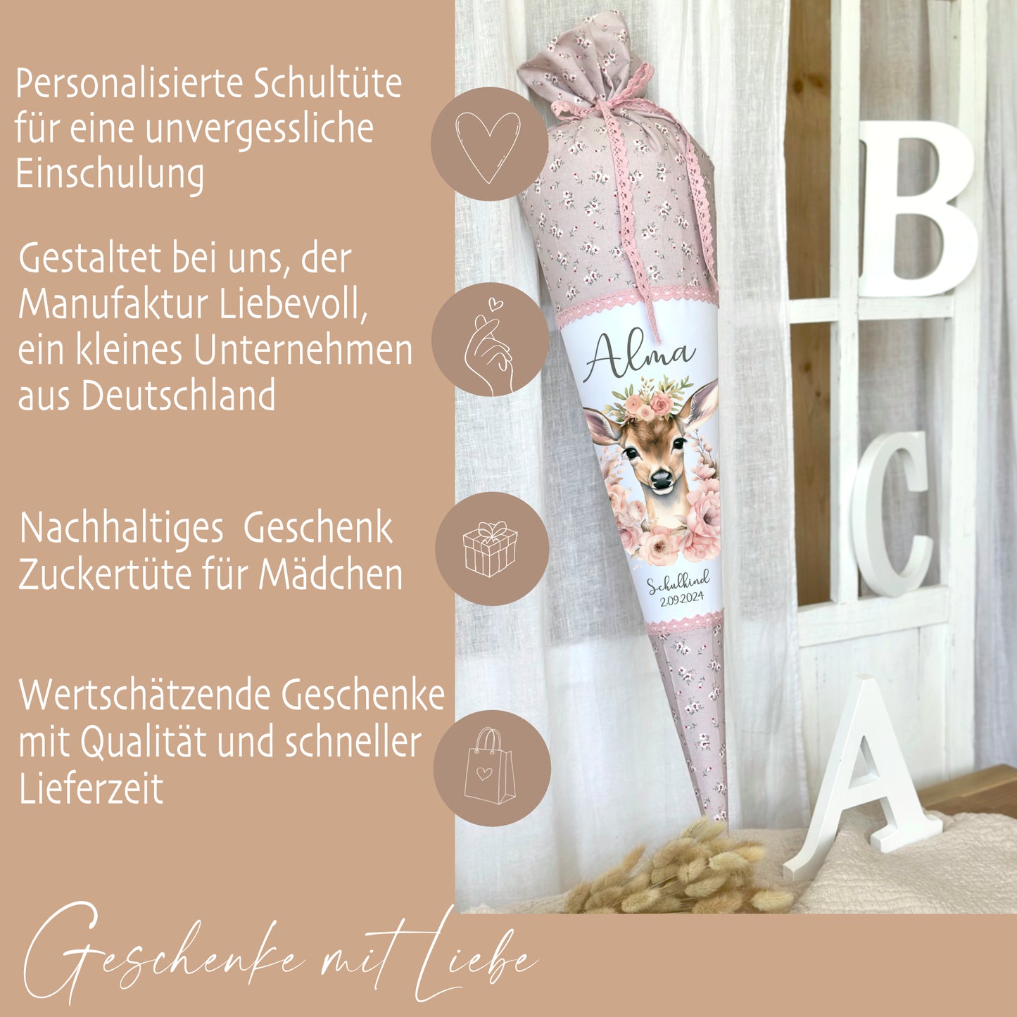 Personalisierte rosa Stoff Zuckertüte Rehkitz Schultüte Bambi für Mädchen mit Namen Einschulungstüte Einschulung Datum Blumen Füllkissen 70 cm I Optional mit Füllkissen und Spitzenschutz