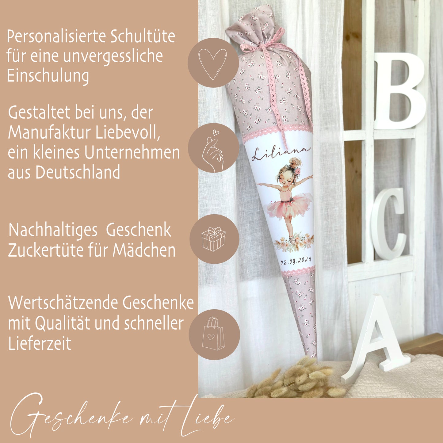 Ballerina Schultüte mit Namen, Zuckertüte für Mädchen