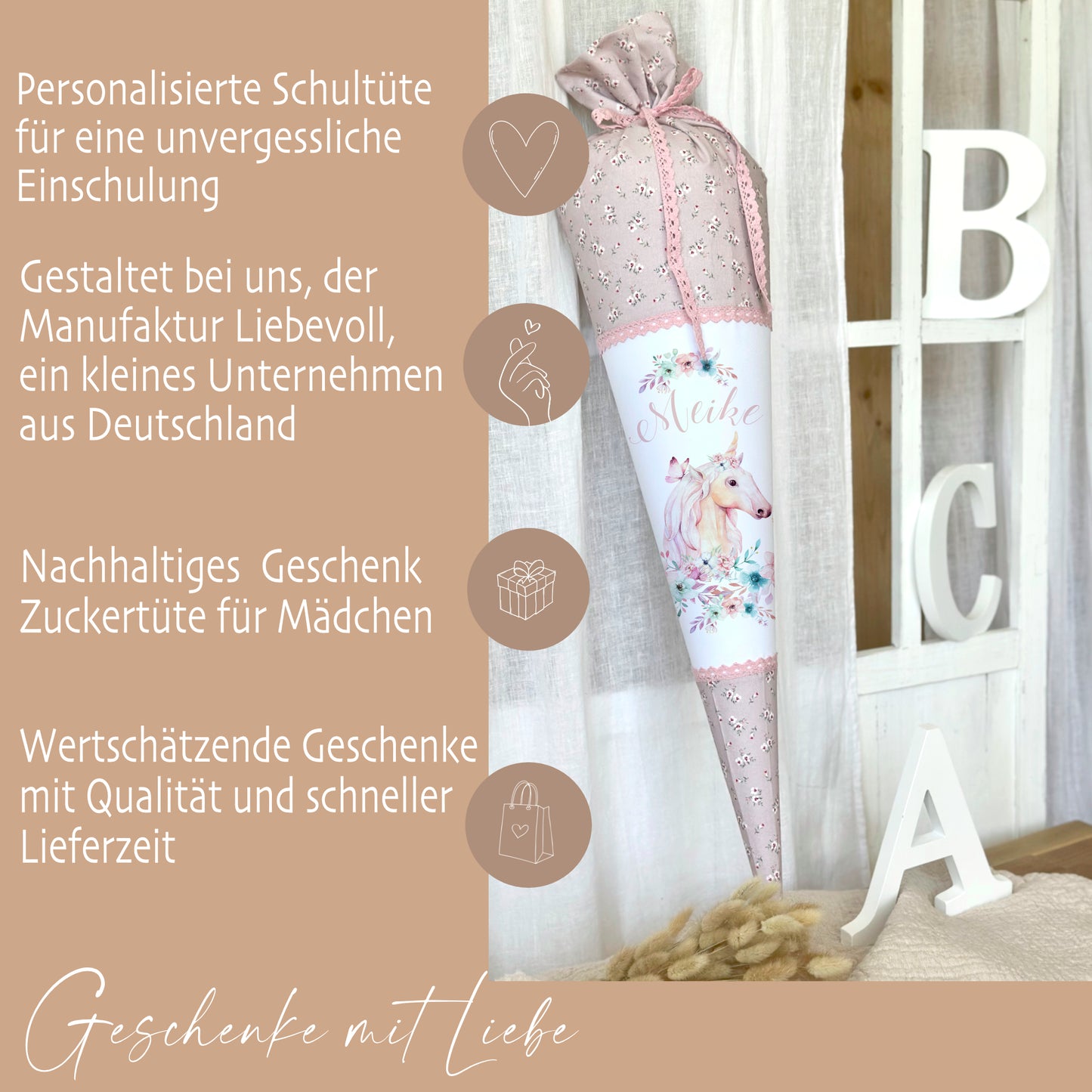 Schultüte "Einhorn" mit Namen handgefertigt | Schöne Stoffschultüte zur Einschulung für Mädchen mit geblümten Stoff | Optional mit Füllkissen und Spitzenschutz