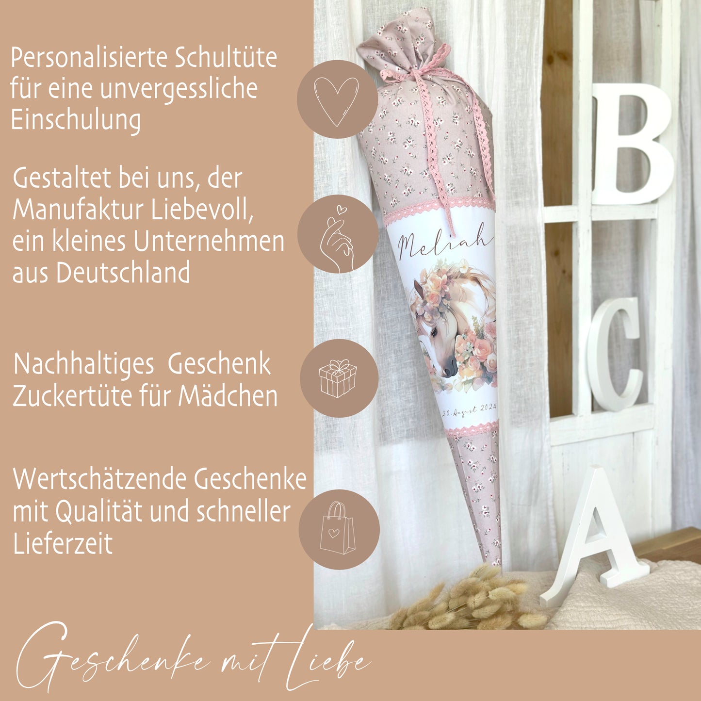 Personalisierte rosa Stoff Zuckertüte Pferd Schultüte Pony für Mädchen mit Namen Einschulungstüte Einschulung Datum Blumen Füllkissen 70 cm I Optional mit Füllkissen und Spitzenschutz