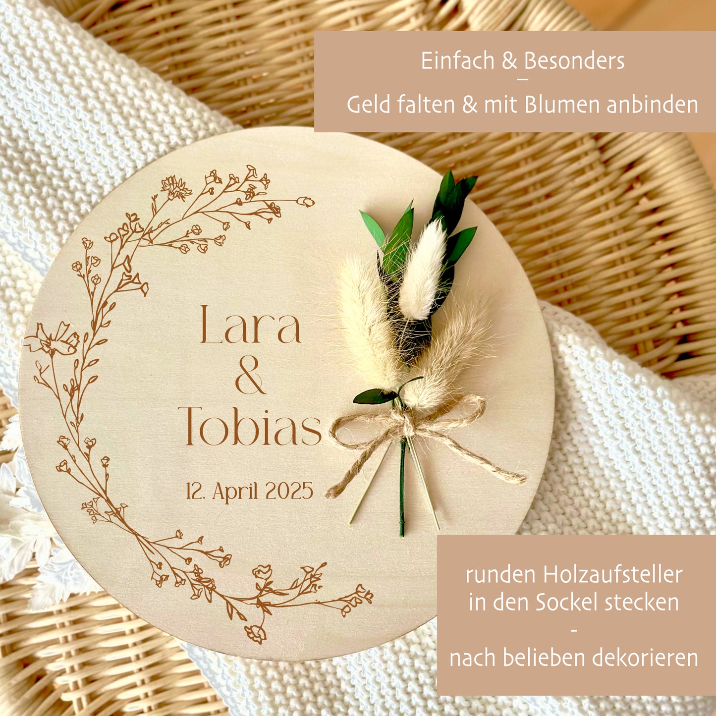 Personalisiertes Hochzeitsgeschenk Geld Geschenk aus Holz zur Hochzeit Geldgeschenk mit Namen u. Datum, Geschenk Hochzeit Tisch Deko Boho