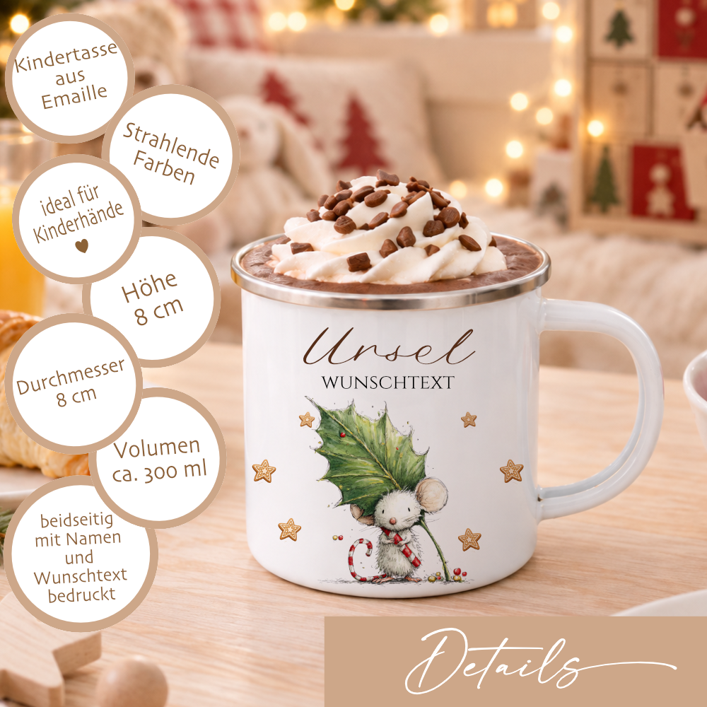 Emaille Tasse personalisiert mit Namen – 4 süße Weihnachtsmäuse