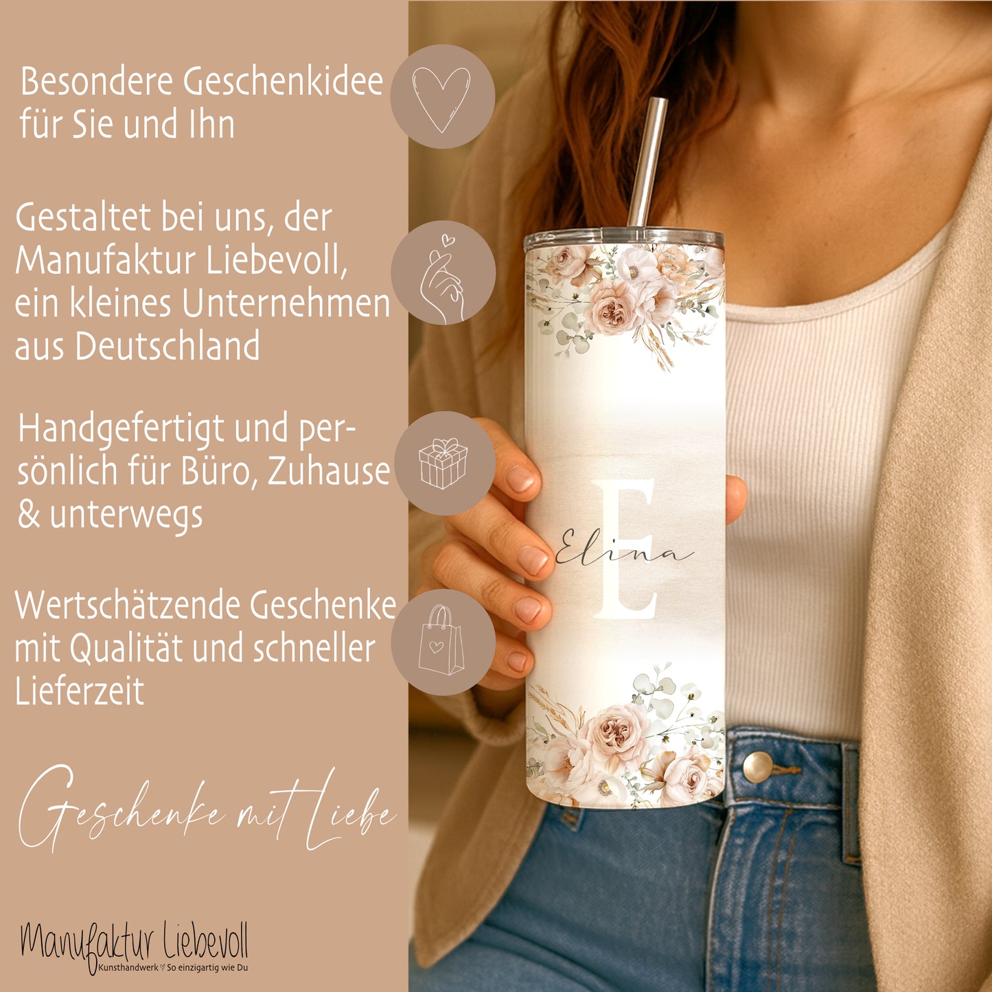 Personalisierter Thermobecher mit Namen & Initialen Boho Floral Edelstahl Kaffeebecher to go mit Strohhalm Geschenk für Frauen u. Mädchen