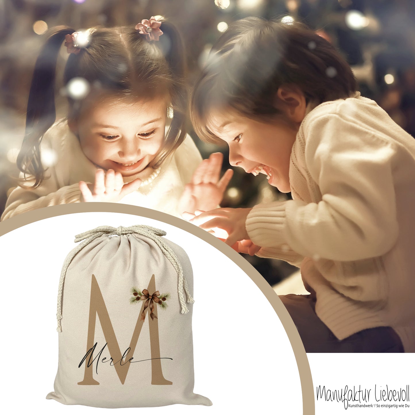 Weihnachtlicher Geschenkbeutel personalisiert mit dem Namen und Buchstaben Weihnachtssack