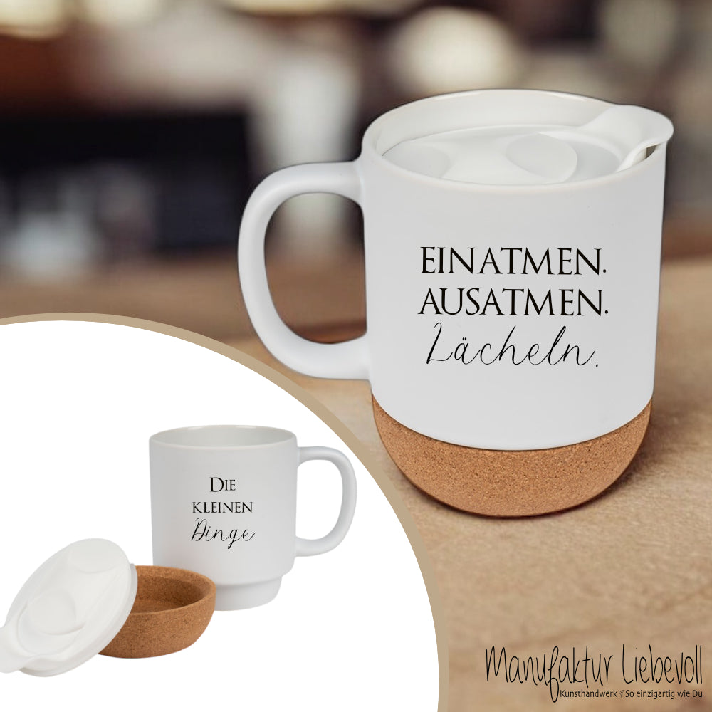 Tasse mit Spruch "Was für ein wunderschöner Scheisstag" Kaffeetasse "Einatmen Ausatmen Lächeln" Becher mit Kork Deckel