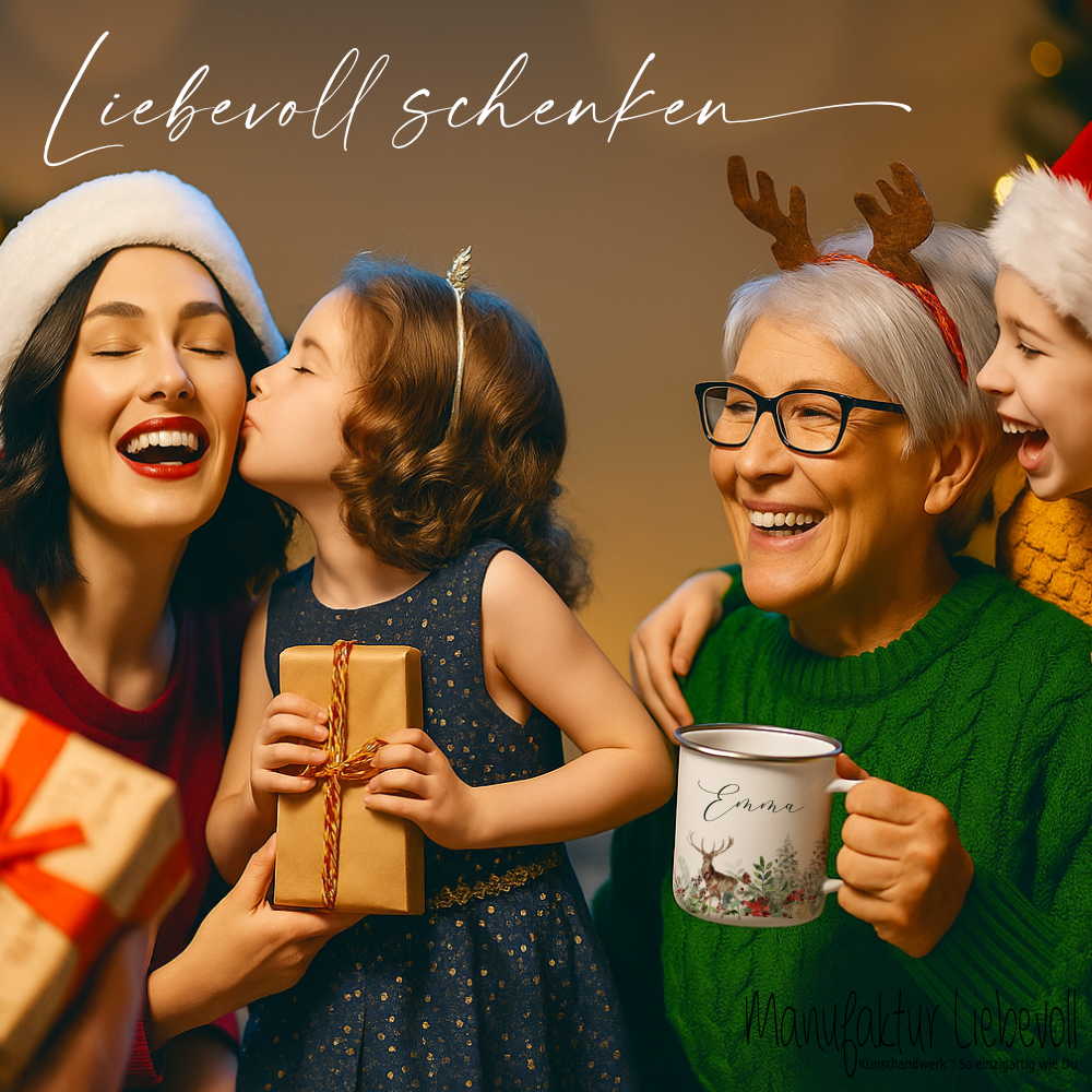 Personalisierte Emaille Tasse Weihnachten mit Namen – Hirsch & Wintermotiv – Geschenkidee Advent & Weihnachtsgeschenk