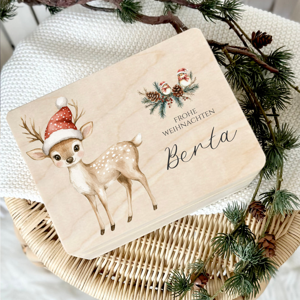 Weihnachten Holzbox Personalisiert Reh Holzbox Geschenk Frohe Weihnachten Personalisierte Heiligabend Box für Kinder Rehkitz Weihnachtsbox