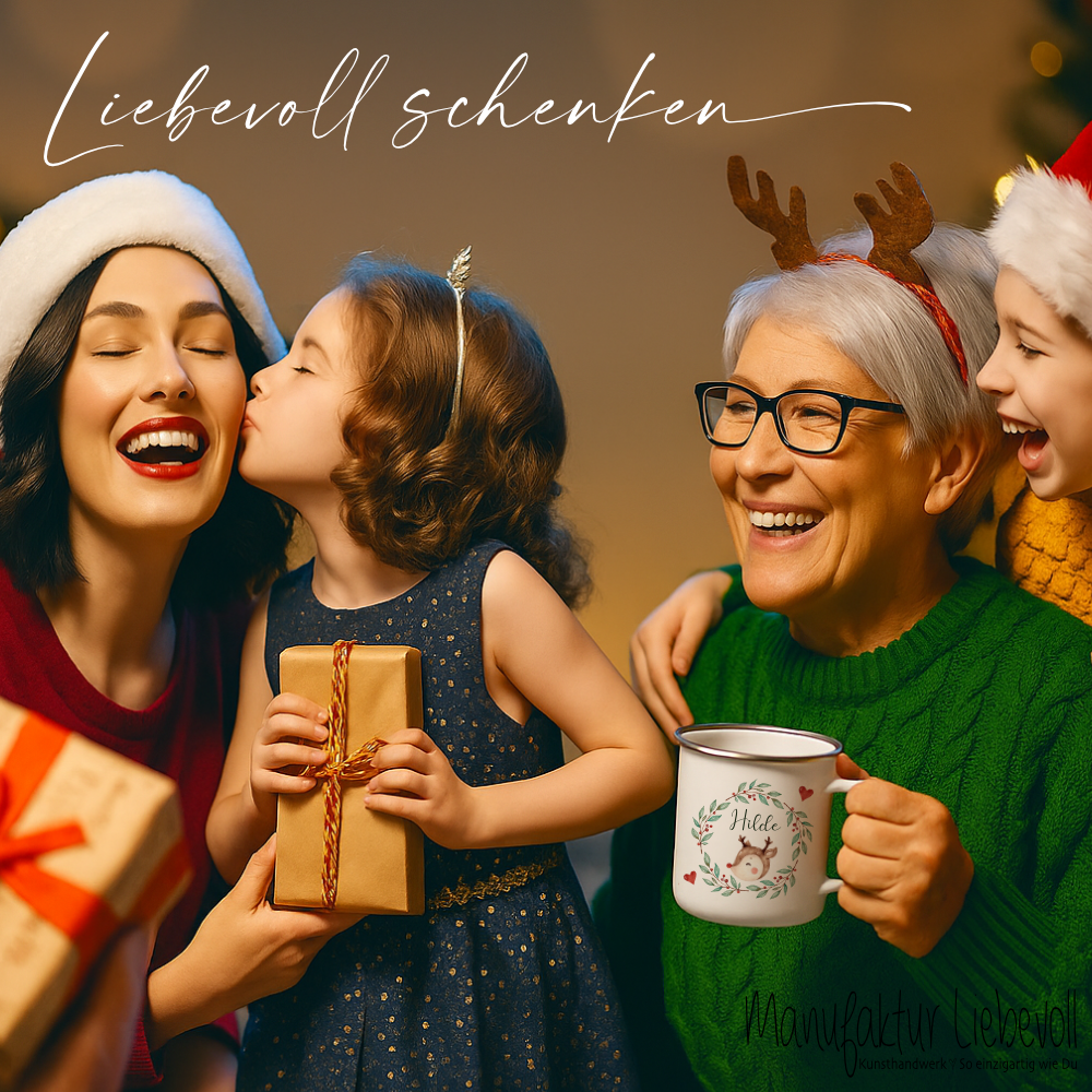 Personalisierte Emaille Tasse Weihnachten mit Namen – Kinder Becher Rentier & Herz Motiv – Geschenkidee Advent, Nikolaus, Weihnachtsgeschenk