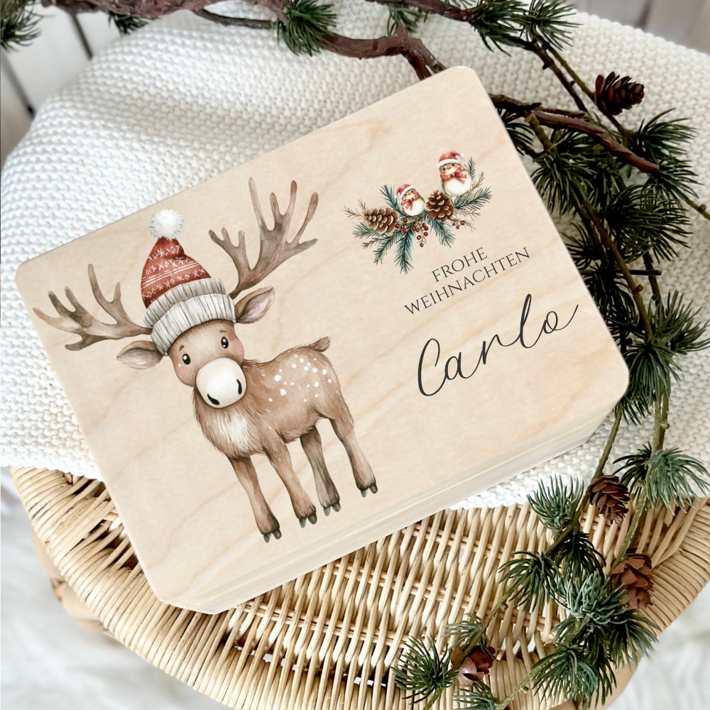 Personalisiert Weihnachten Holzbox Elch Holzbox Geschenk Frohe Weihnachten Personalisierte Heiligabend Box für Kinder Elch Weihnachtsbox