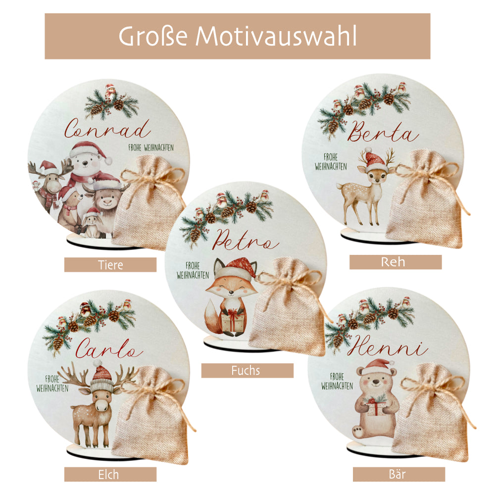 Personalisierte Weihnachtsdeko mit Namen – Holzaufsteller mit Jutesäckchen – Geschenk für Kinder, Mädchen & Jungen – Geldgeschenk Weihnachten, Nikolaus, Julklapp
