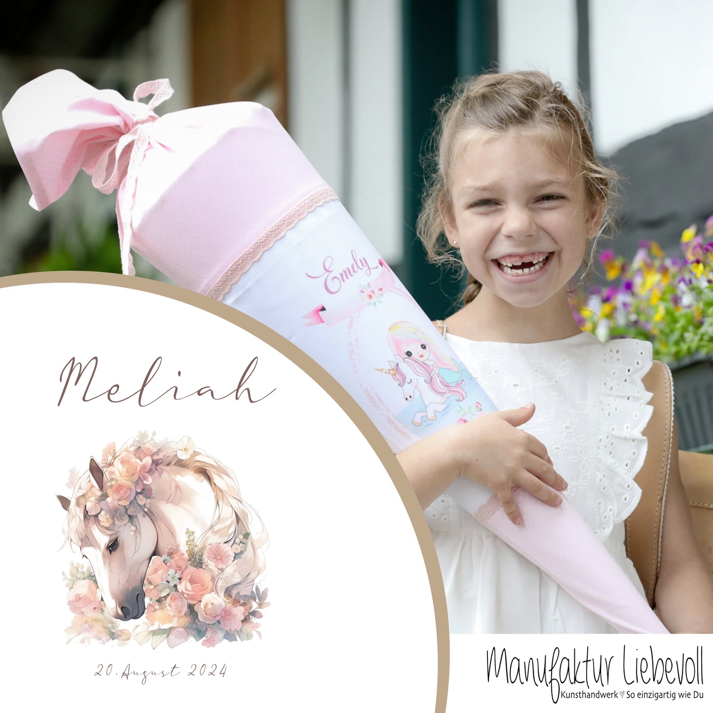 Personalisierte rosa Stoff Zuckertüte Pferd Schultüte Pony für Mädchen mit Namen Einschulungstüte Einschulung Datum Blumen Füllkissen 70 cm I Optional mit Füllkissen und Spitzenschutz