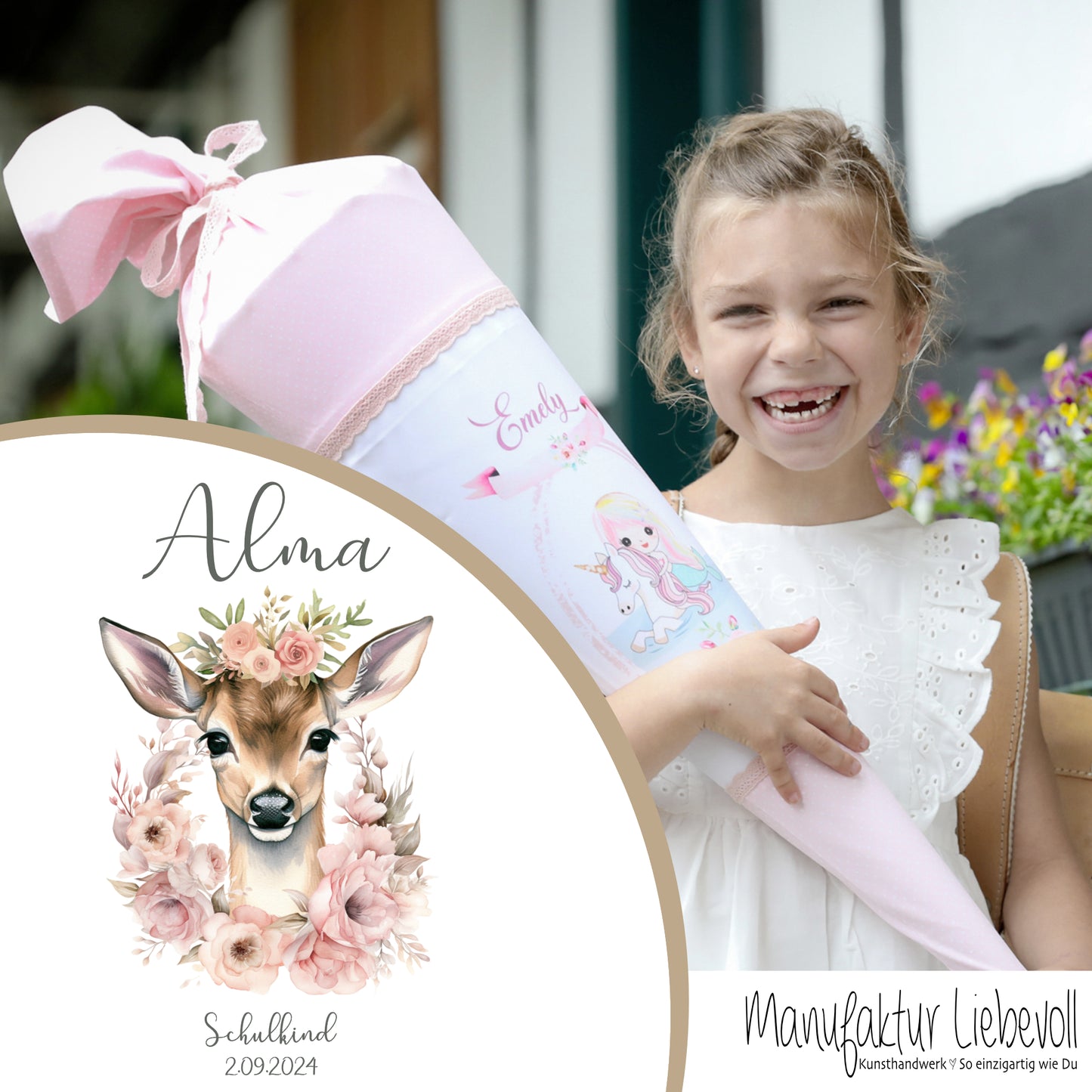 Personalisierte rosa Stoff Zuckertüte Rehkitz Schultüte Bambi für Mädchen mit Namen Einschulungstüte Einschulung Datum Blumen Füllkissen 70 cm I Optional mit Füllkissen und Spitzenschutz