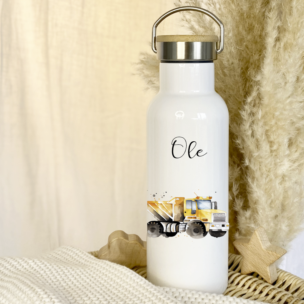 Kindertrinkflasche Baustelle LKW mit Namen als Geschenkidee 