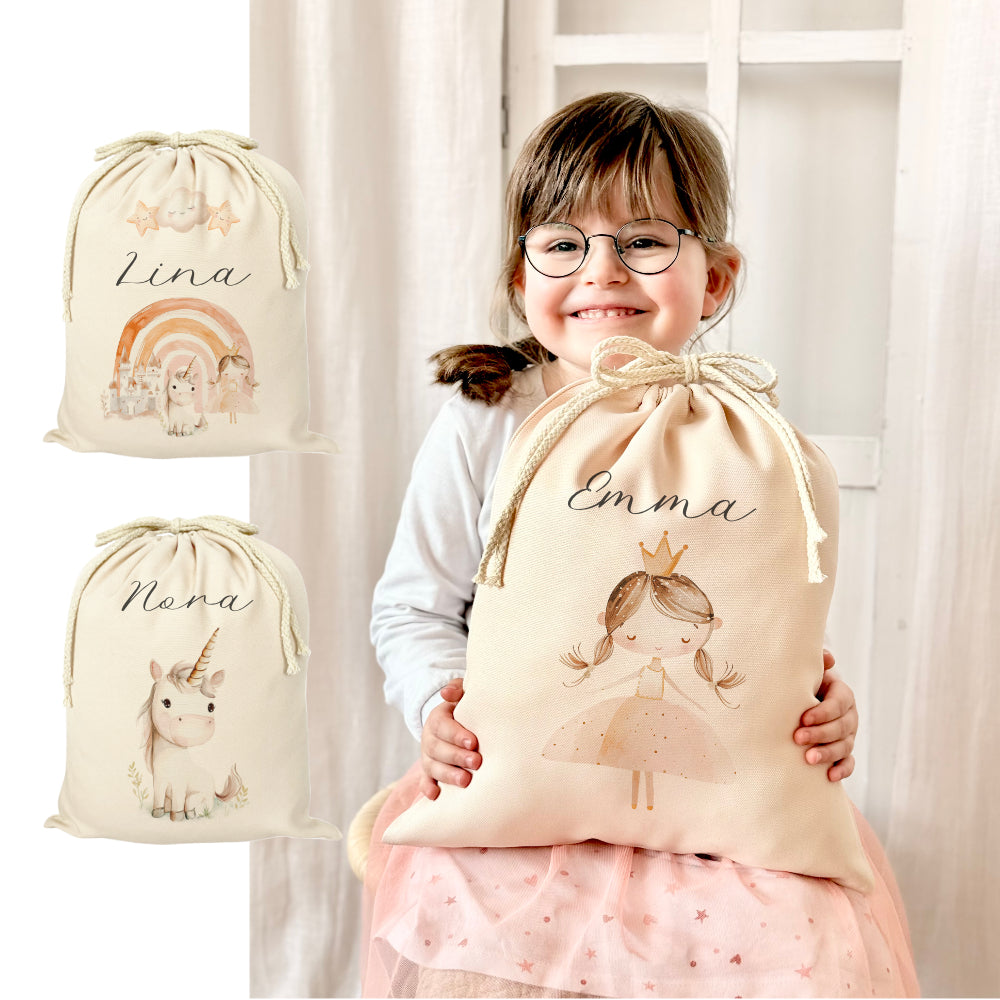 Personalisierter Zuziehbeutel für Kinder | Motive: Prinzessin, Einhorn, Märchen