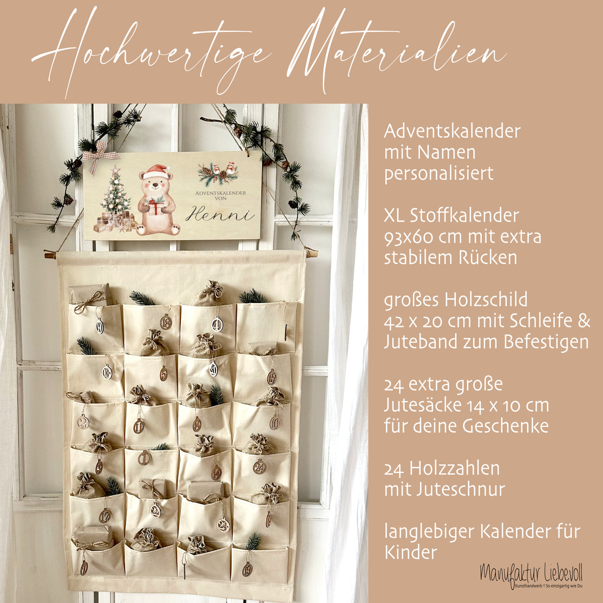 Personalisierter Kinder Adventskalender "Bär" mit Namen Holzschild Zahlen & Jutesäckchen  Adventskalender aus Stoff Befüllen Mädchen Jungen