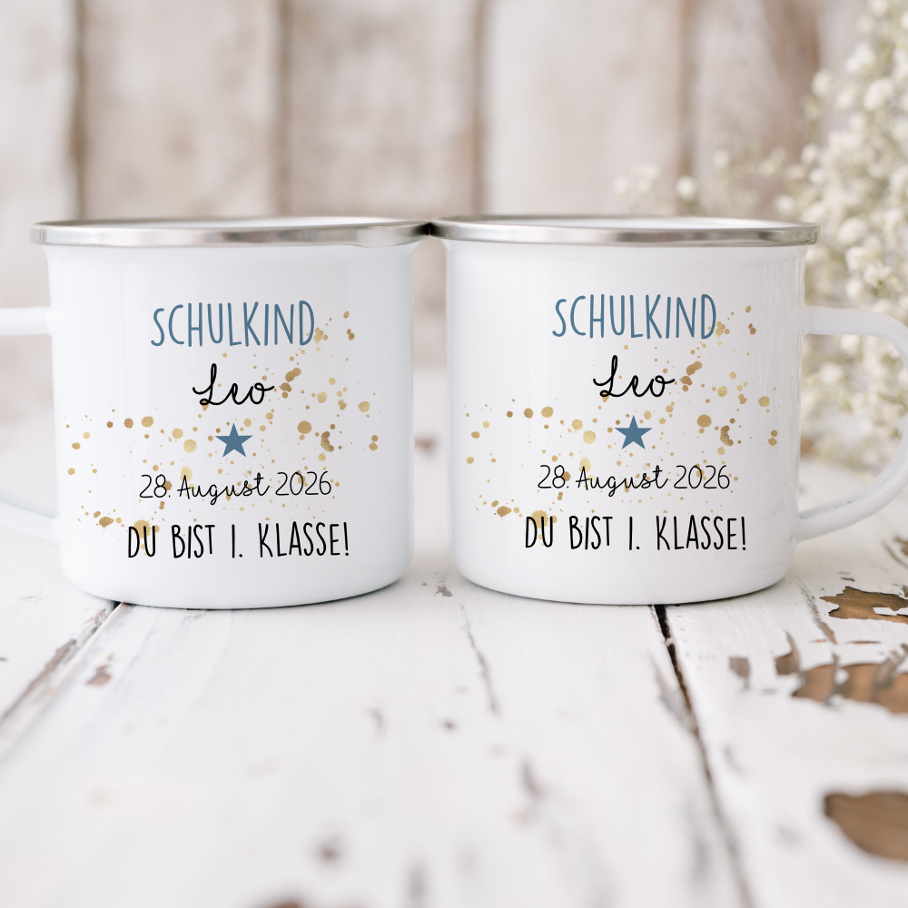 Personalisierte Tasse für das Schulkind | Geschenk für Jungen und Mädchen mit Namen und Datum | 2 Farbvarianten zur Auswahl