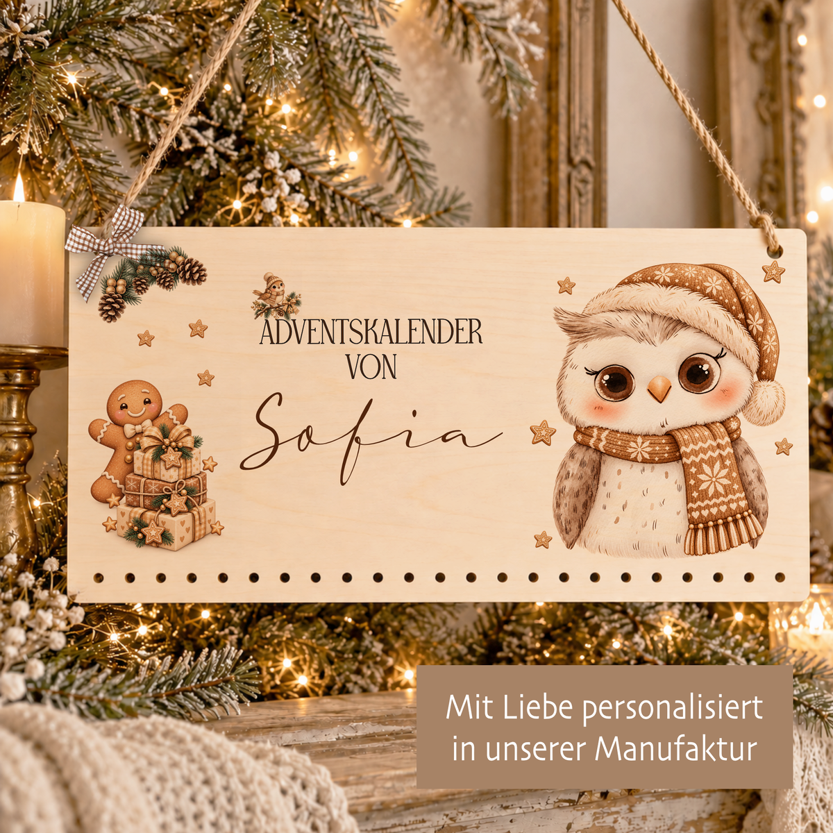 Personalisierter Adventskalender aus Holz mit Namen – 6 Tiermotive