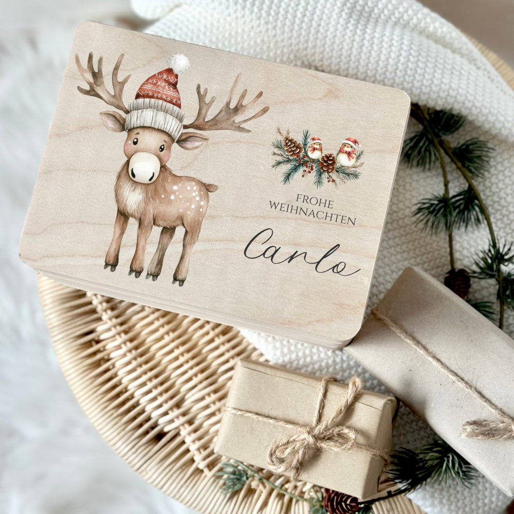 Personalisiert Weihnachten Holzbox Elch Holzbox Geschenk Frohe Weihnachten Personalisierte Heiligabend Box für Kinder Elch Weihnachtsbox