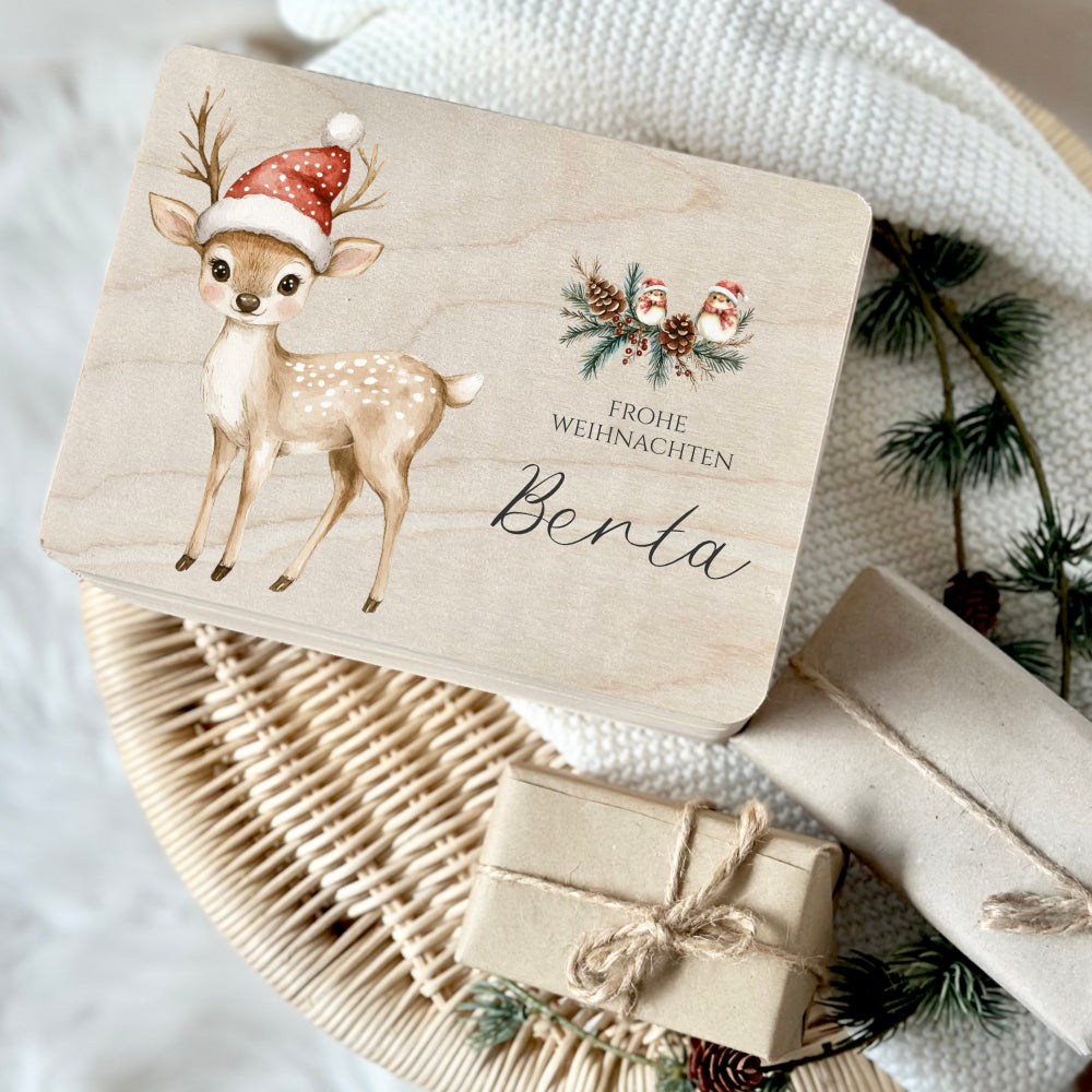 Weihnachten Holzbox Personalisiert Reh Holzbox Geschenk Frohe Weihnachten Personalisierte Heiligabend Box für Kinder Rehkitz Weihnachtsbox