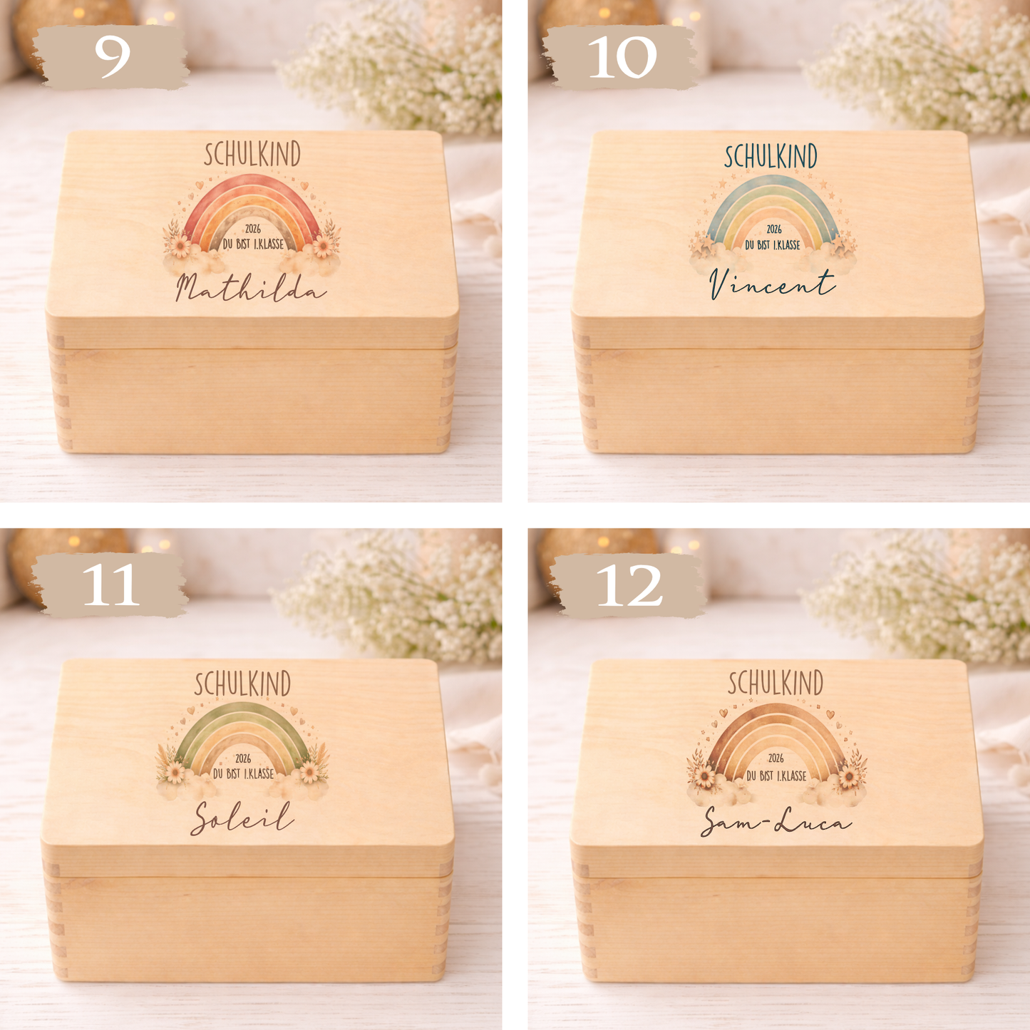 Holzkiste Schulkind 2026 Geschenk I Personalisierte Erinnerungsbox mit Namen viele Motive I Mädchen Einschulung Junge Geschenk Schulstart