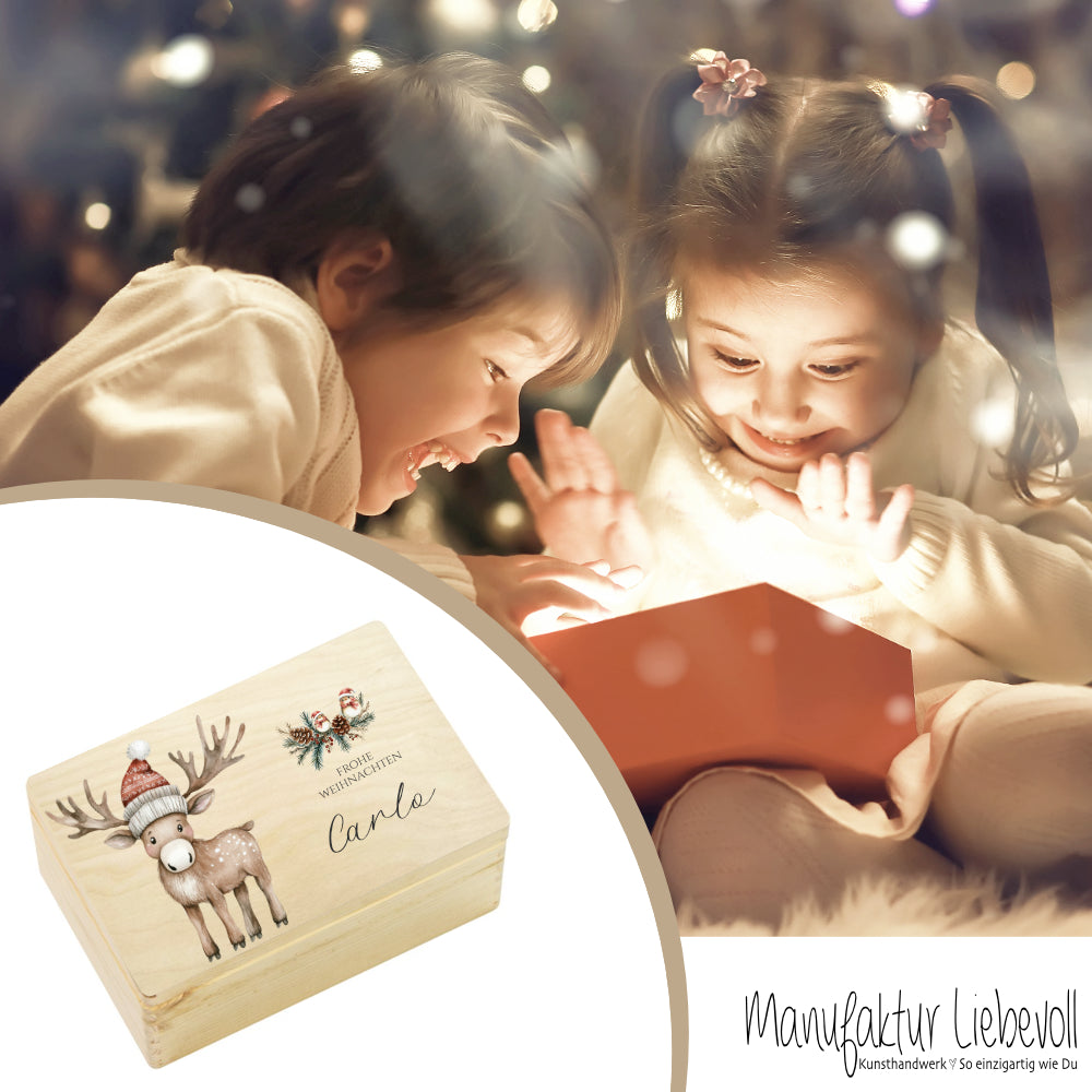 Personalisiert Weihnachten Holzbox Elch Holzbox Geschenk Frohe Weihnachten Personalisierte Heiligabend Box für Kinder Elch Weihnachtsbox