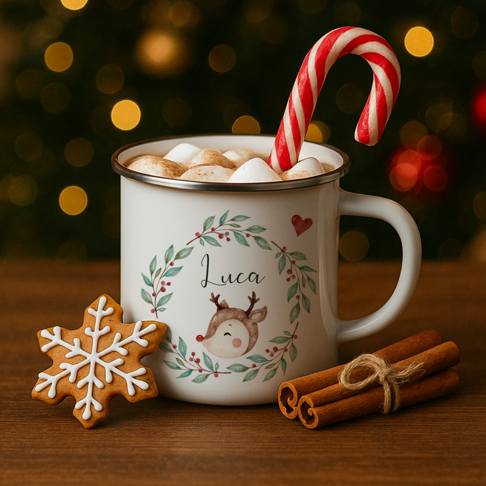 Personalisierte Emaille Tasse Weihnachten mit Namen – Kinder Becher Rentier & Herz Motiv – Geschenkidee Advent, Nikolaus, Weihnachtsgeschenk