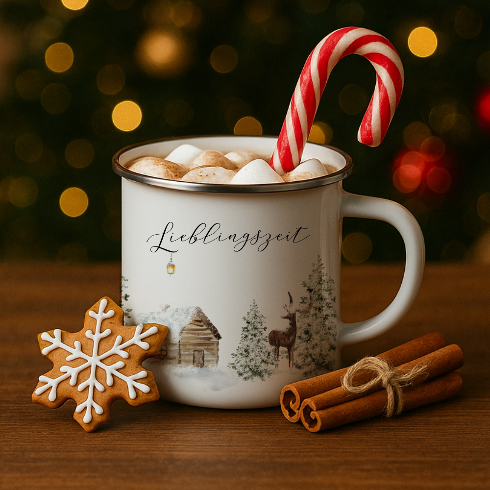 Emaille Tasse Lieblingszeit – Winter Becher mit Hirsch & Hütte – Geschenkidee Weihnachten & Advent