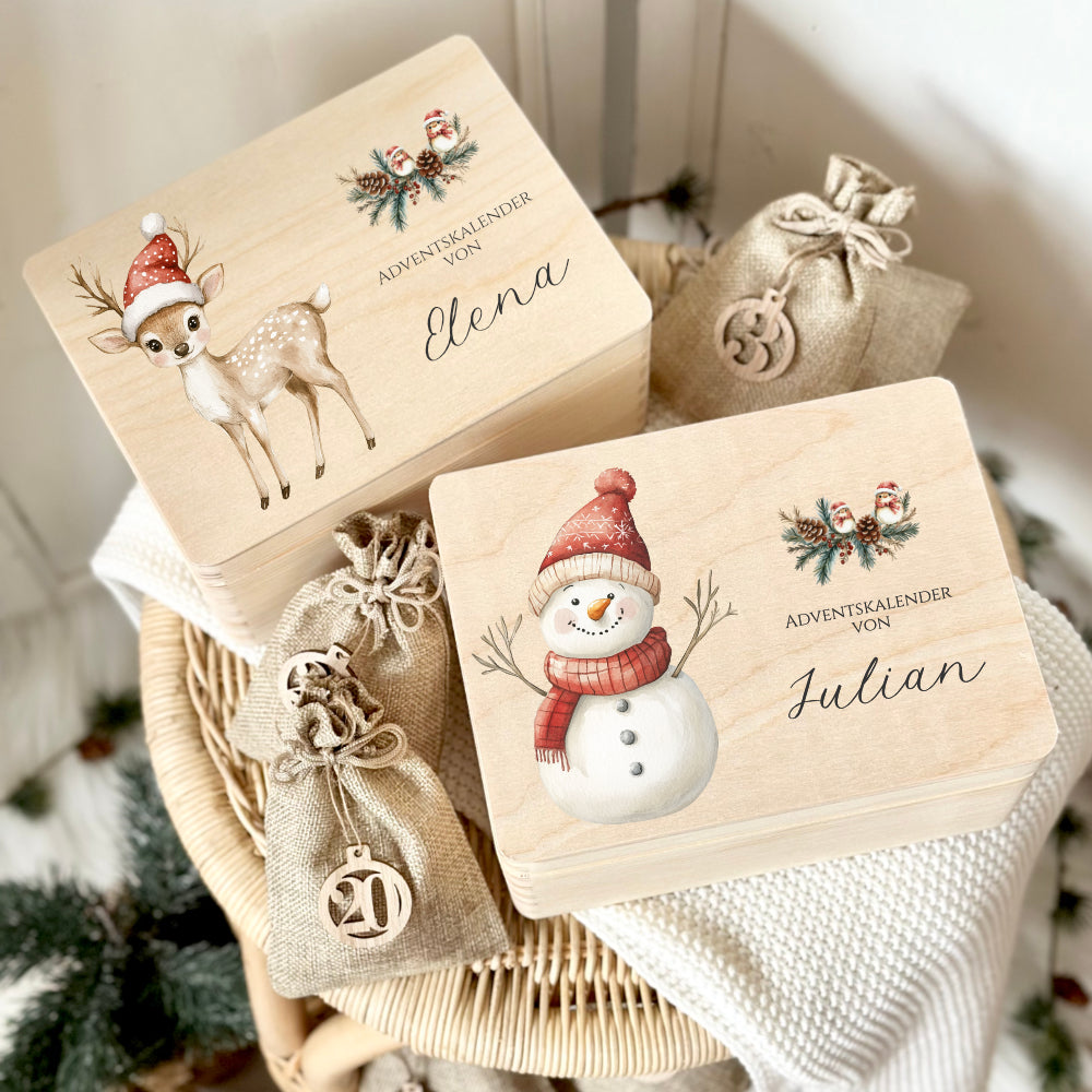 Personalisierter Adventskalender zum Befüllen, Personalisierte Adventskiste für Kinder, Motive: Reh & Schneemann zum Auswählen