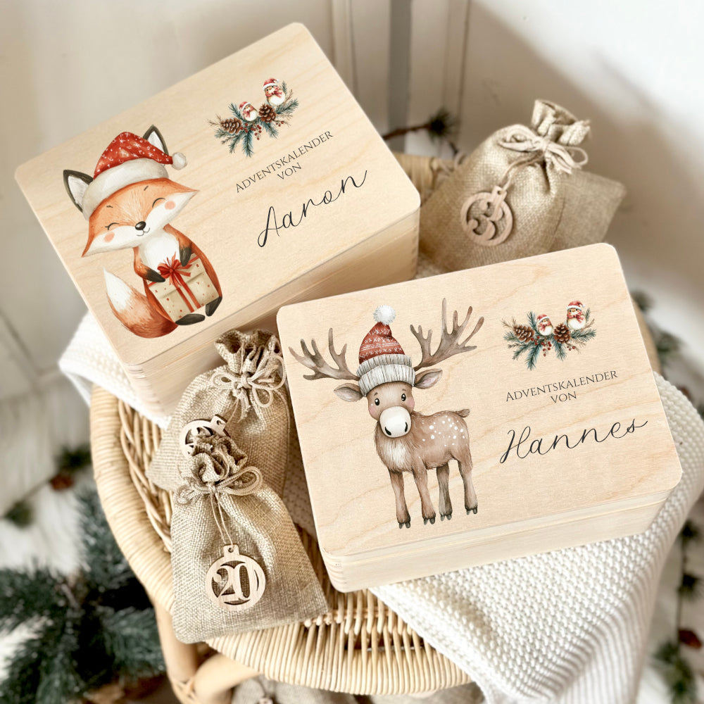 Personalisierter Adventskalender zum Befüllen, Adventskiste mit Fuchs und Rentier zum Auswählen