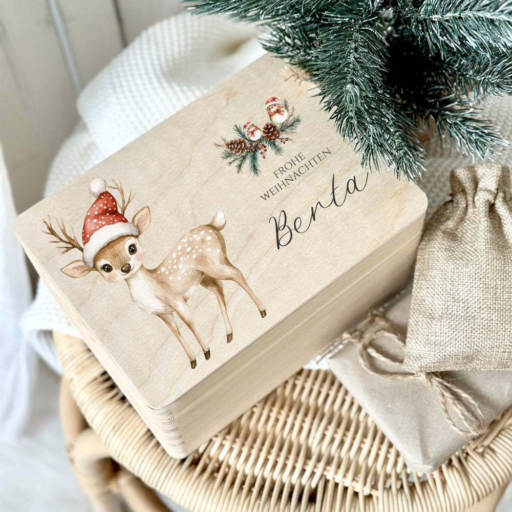 Weihnachten Holzbox Personalisiert Reh Holzbox Geschenk Frohe Weihnachten Personalisierte Heiligabend Box für Kinder Rehkitz Weihnachtsbox