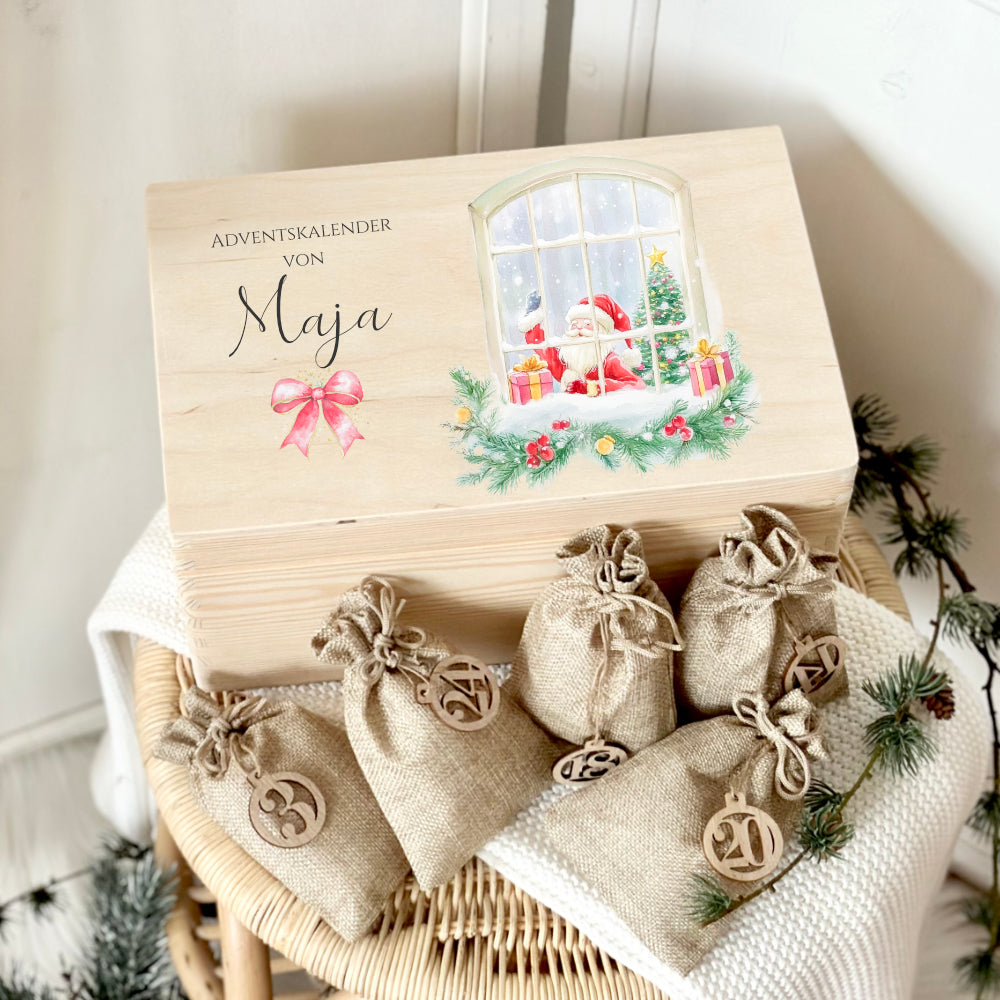 Adventskalender Personalisiert aus Holz zum Befüllen, Adventskiste mit Weihnachtsmann und Namen