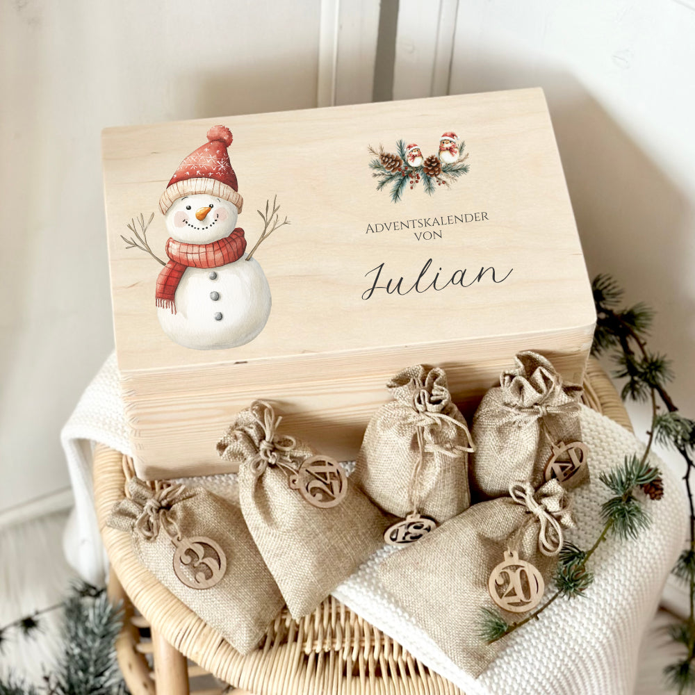 Personalisierter Adventskalender zum Befüllen, Personalisierte Adventskiste für Kinder, Motive: Reh & Schneemann zum Auswählen