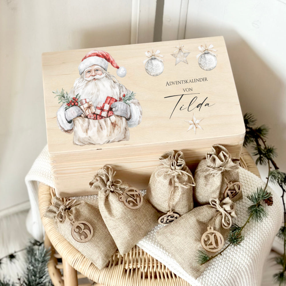 Personalisierter Adventskalender, Adventskiste mit Namen, Holzkiste, Motiv: Weihnachtsmann