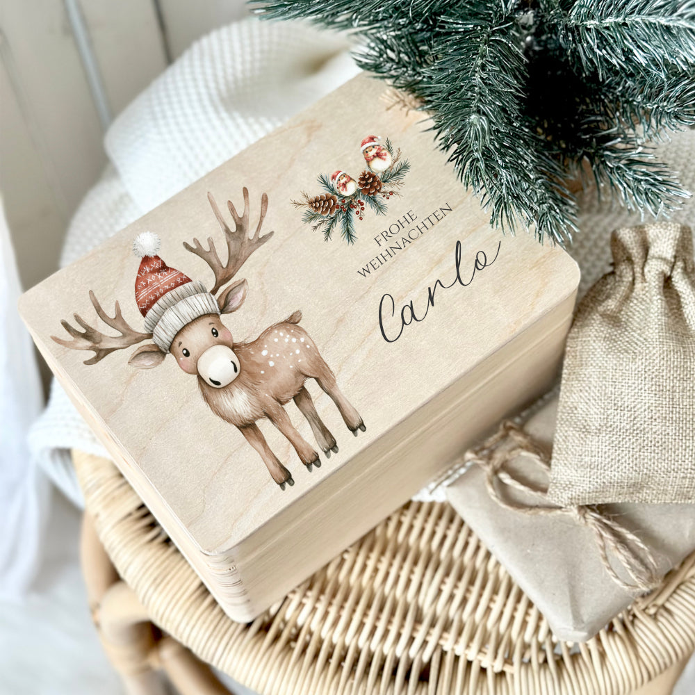 Personalisiert Weihnachten Holzbox Elch Holzbox Geschenk Frohe Weihnachten Personalisierte Heiligabend Box für Kinder Elch Weihnachtsbox