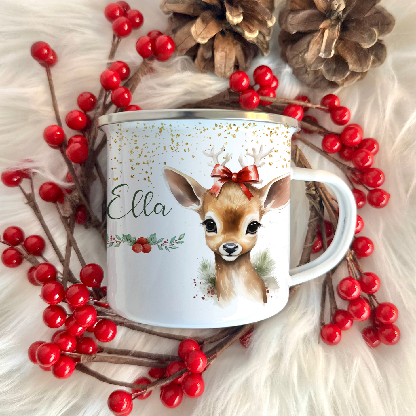 Kinder Tasse Reh mit Namen als Geschenkidee Niklaus Weihnachten 