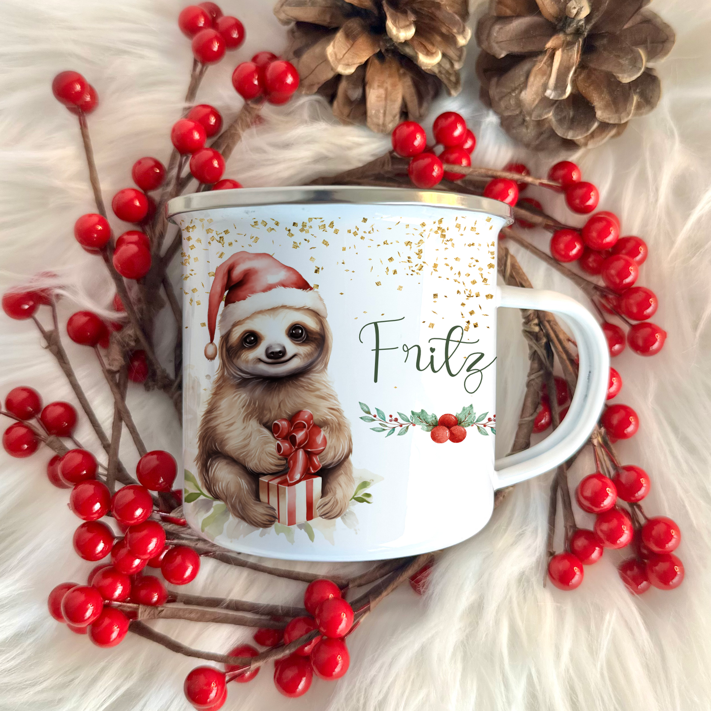 Kinder Weihnachtstasse "Faultier" | Tasse mit Namen personalisiert | Kinderbecher aus Emaille mit Weihnachtsmotiv | Weihnachtsgeschenk Nikolaus für Mädchen Jungen Teenager | 7 Produktvarianten zur Auswahl