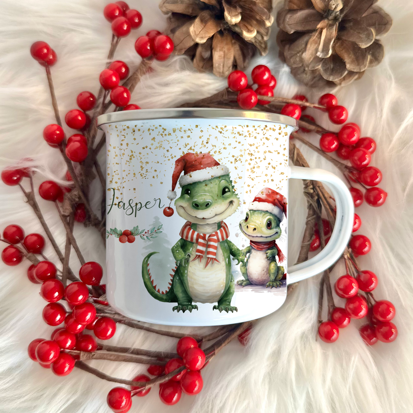 Dino Kindertasse mit Namen als Geschenk Nikolaus Weihnachten für Jungen