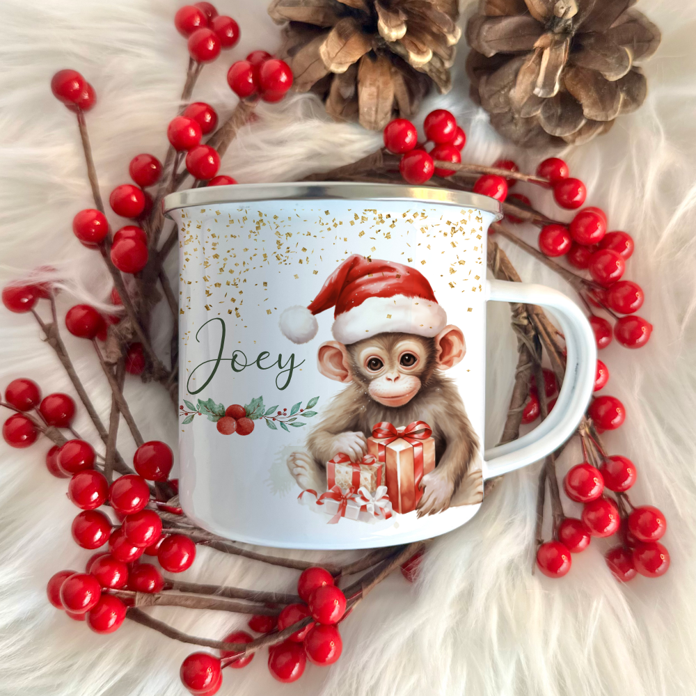 Kinder Tasse Affe als Geschenk an Weihnachten Nikolaus mit Namen