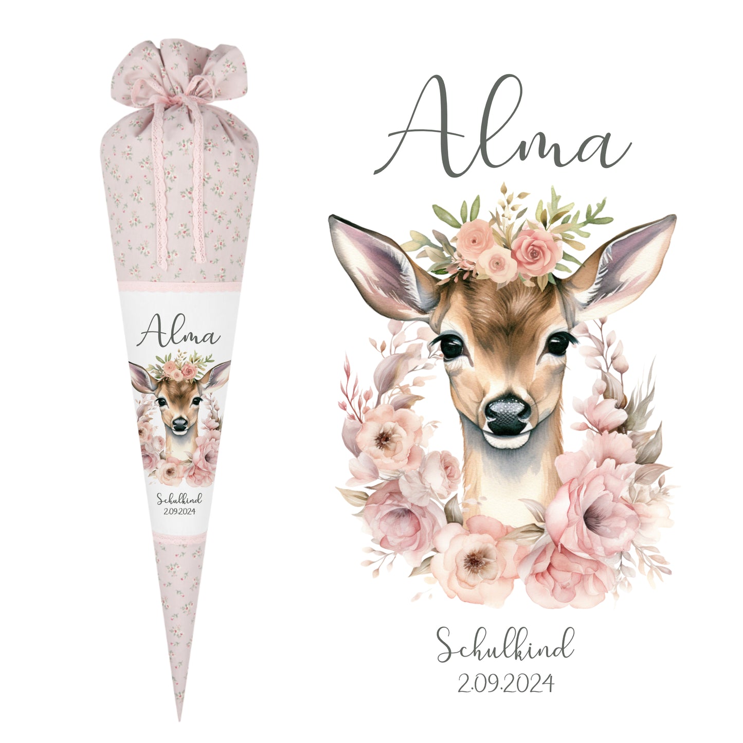 Personalisierte rosa Stoff Zuckertüte Rehkitz Schultüte Bambi für Mädchen mit Namen Einschulungstüte Einschulung Datum Blumen Füllkissen 70 cm I Optional mit Füllkissen und Spitzenschutz