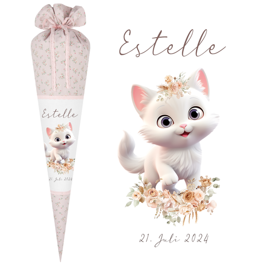 Stoff Schultüte Katze mit Namen für Mädchen zur Einschulung