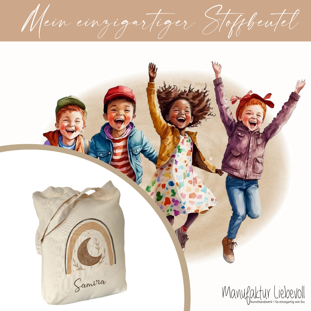 Personalisierter Stoffbeutel für Kinder, Stofftasche mit Regenbogen und Namen