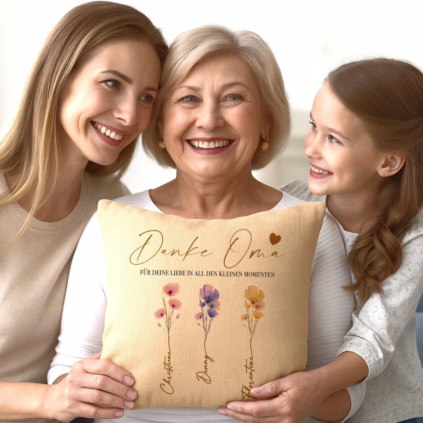 Personalisiertes Kissen mit Namen – Geschenk für Oma, Opa, Mama, Papa, Uroma & Uropa – Aquarell Blumen – Kissen Leinenoptik 40x40 – Familiengeschenk mit Enkelnamen – Danke oder Beste/r