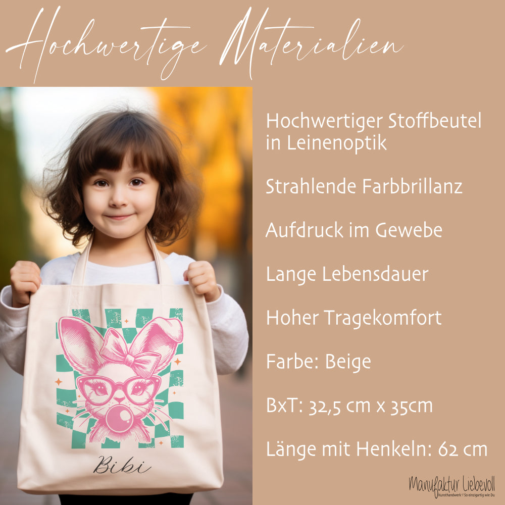Stoffbeutel mit Namen bedruckt,  Motive: Osterohren, Bubble Gum Osterhasen