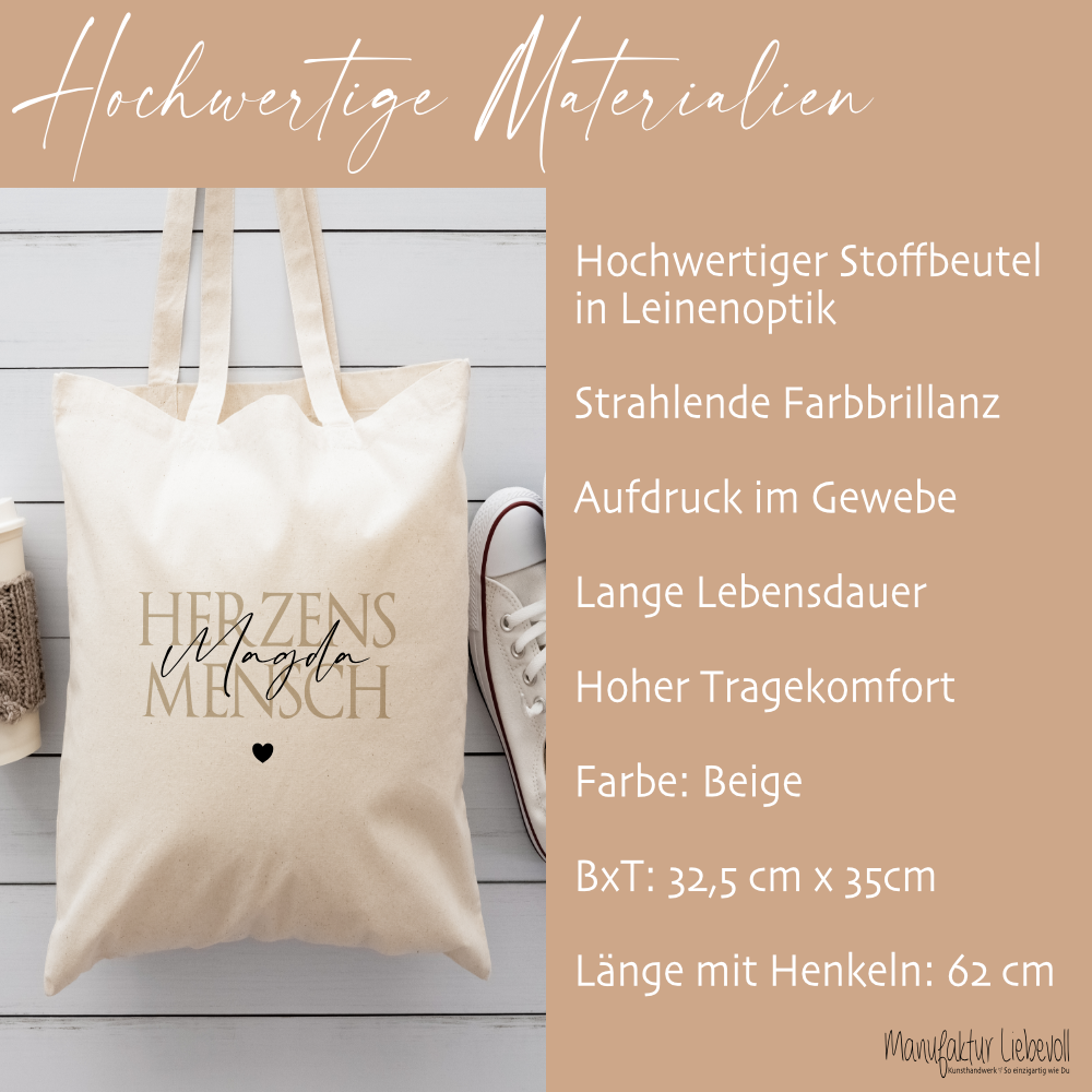 Personalisierter Stoffbeutel für Frauen, 3 Motive: Herzensmensch, Lieblingsmensch, Busenfreundin
