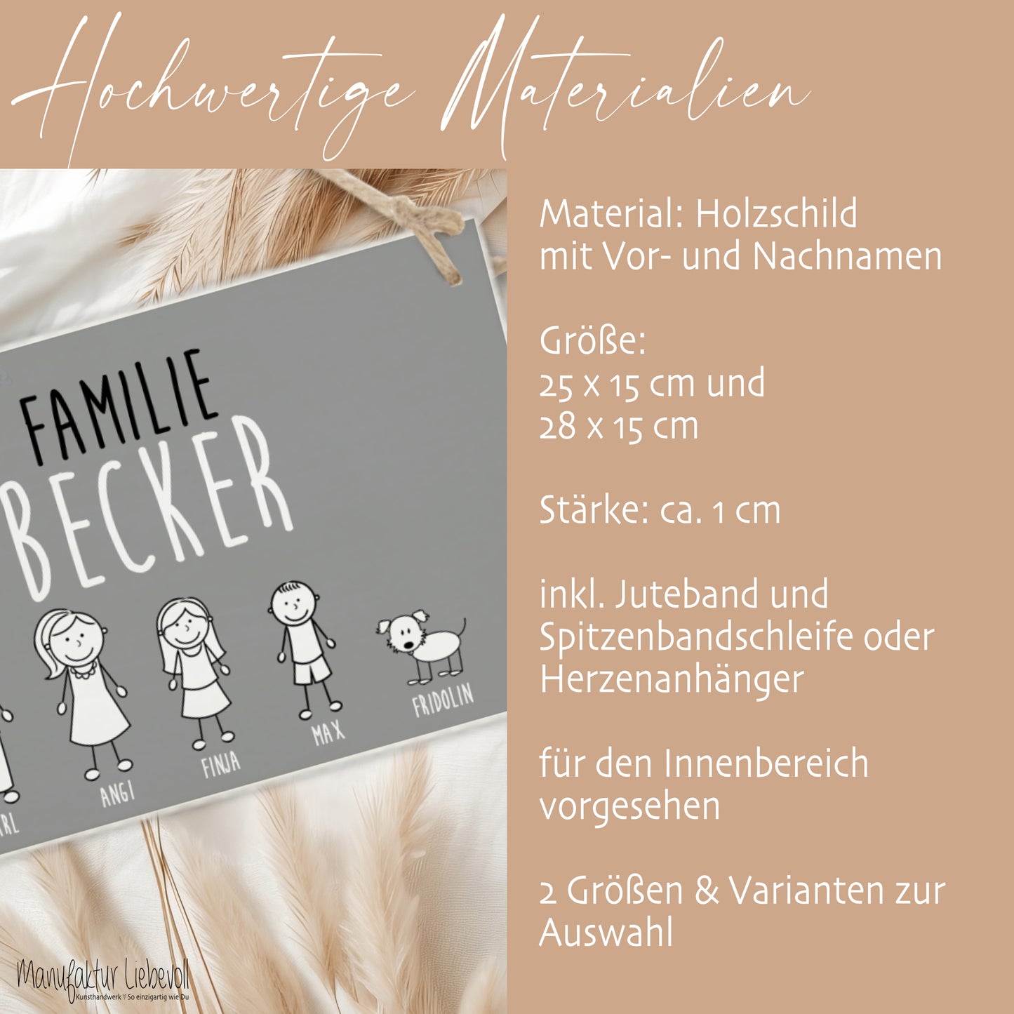 Handgefertigtes u. originelles Türschild aus Holz mit Figuren, Vornamen und dem Familiennamen | Kreative Geschenkidee u. schöne Dekoration für die Haustür | 2 Größen zur Auswahl