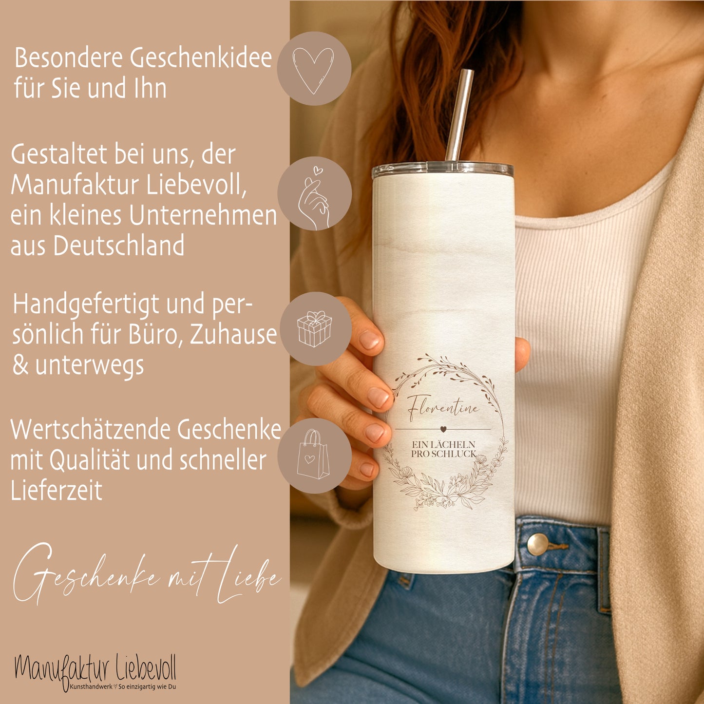 Personalisierter Edelstahl-Thermobecher mit Namen & Wunschtext, Boho Kaffeebecher to go, Geschenk für Frauen, Beste Freundin, Kollegin