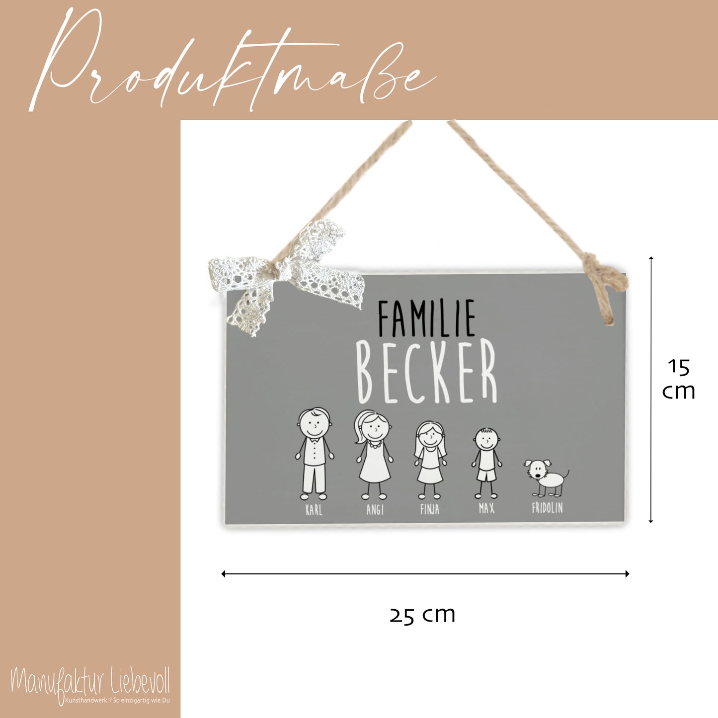 Handgefertigtes u. originelles Türschild aus Holz mit Figuren, Vornamen und dem Familiennamen | Kreative Geschenkidee u. schöne Dekoration für die Haustür | 2 Größen zur Auswahl